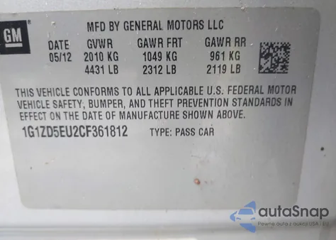 2012 Chevrolet Malibu 2Lt z USA, uszkodzony, nr VIN 1G1ZD5EU2CF361812